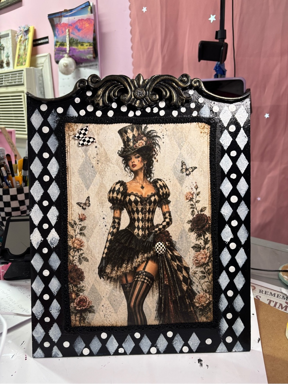 Vintage Harlequin Woman Wall Art – Black and Cream